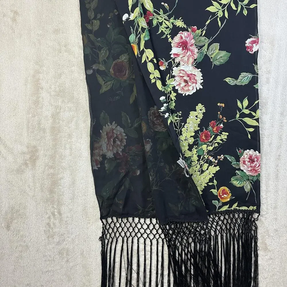 Kay Unger Silk Scarf Womens Black Chiffon Beaded Rose Floral Fringe 80